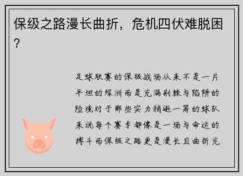 保级之路漫长曲折，危机四伏难脱困？